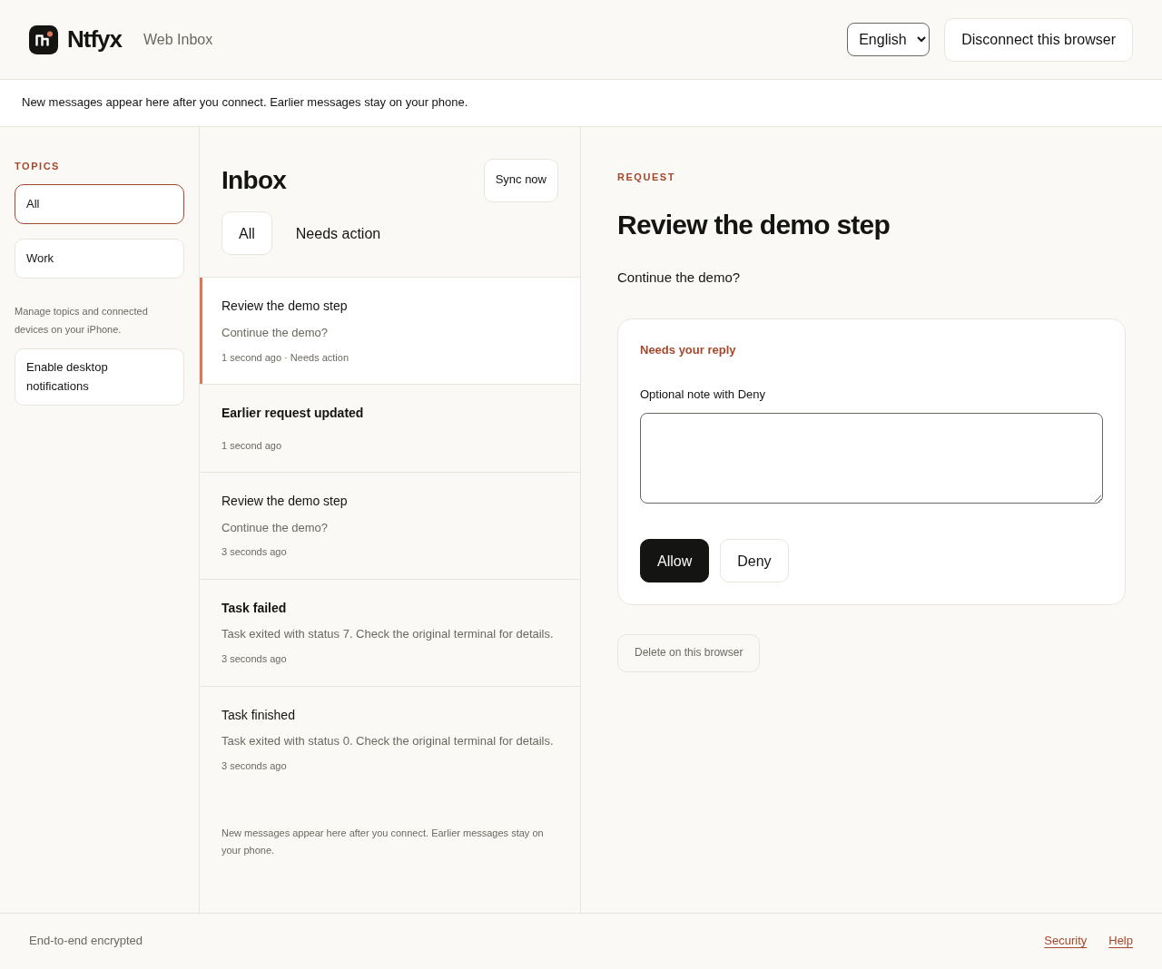 Ntfyx Web Inbox showing Continue the demo with Allow and Deny actions.