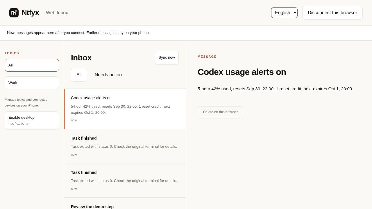 Ntfyx Web Inbox showing a Codex usage summary with a five-hour window and a reset credit.