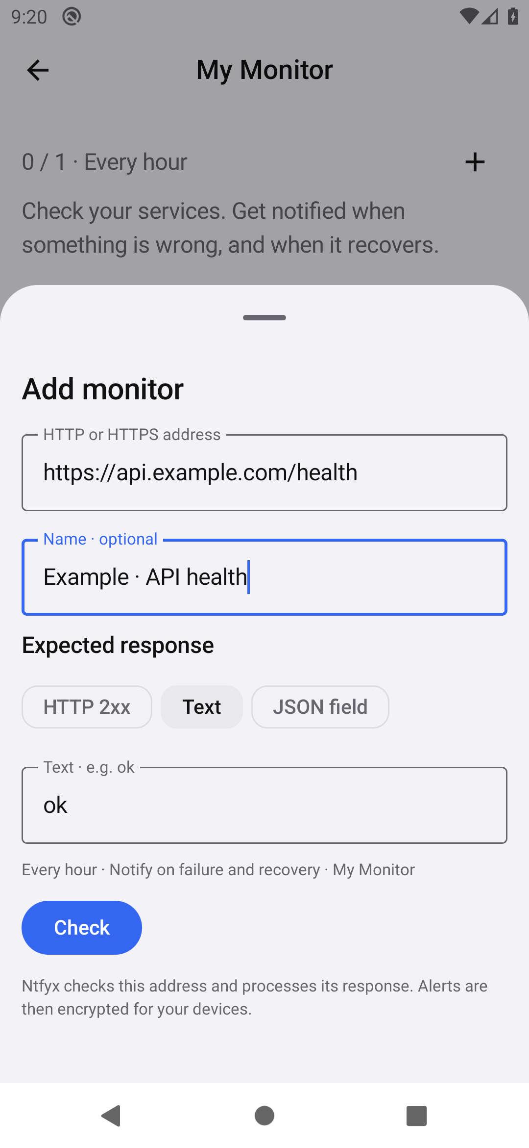 Ntfyx Android Add monitor screen using an Example health address, a Text rule containing ok and an hourly schedule.