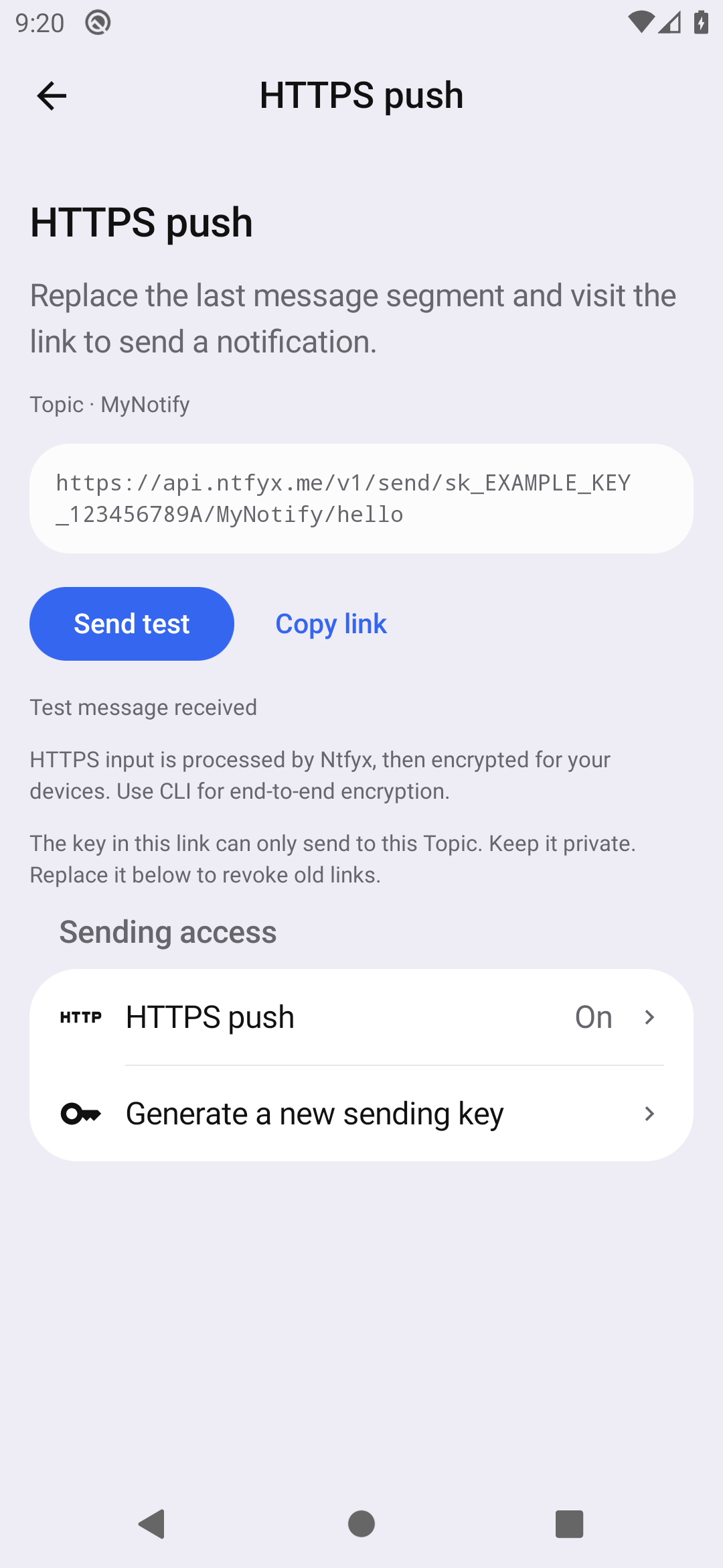 Ntfyx Android HTTPS push screen with an Example sending link for MyNotify and hello, plus Send test and Copy link controls.