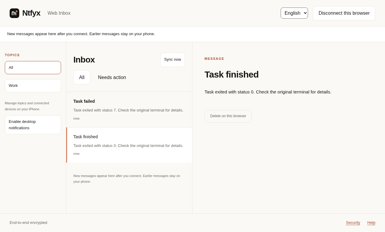 Ntfyx Web Inbox displaying Task finished with an exit status of zero.
